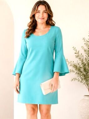 Karl Lagerfeld Paris Bell Sleeve Crepe Sheath Dress Turquoise Size 12